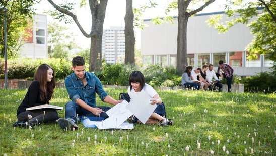 Studierende sitzen auf einer Wiese unter Bäumen und betrachten gemeinsam große Papiere, im Hintergrund weitere Personen auf einer Bank vor einem modernen Gebäude